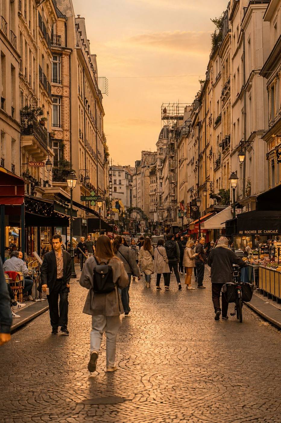 La rue Montorgueil en fin de journée, terrasses et commerces de bouche